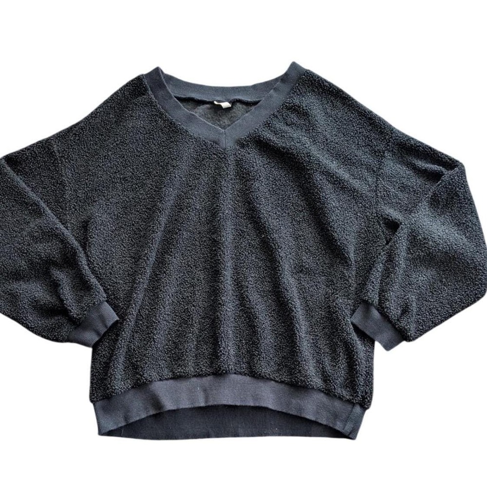WISHLIST Black Boucle Knit V-Neck Oversized Teddy Bear Sherpa Sweatshirt Sz S/M‎